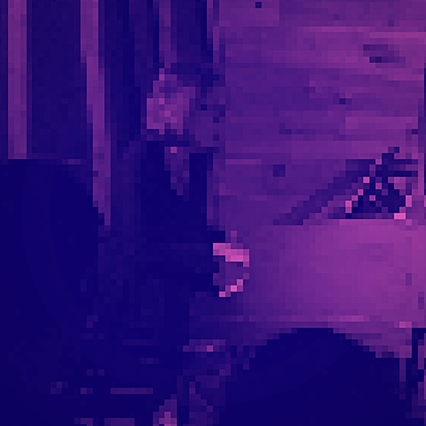 a lightly distorted, pixelated, and purple image of a woman playing piano